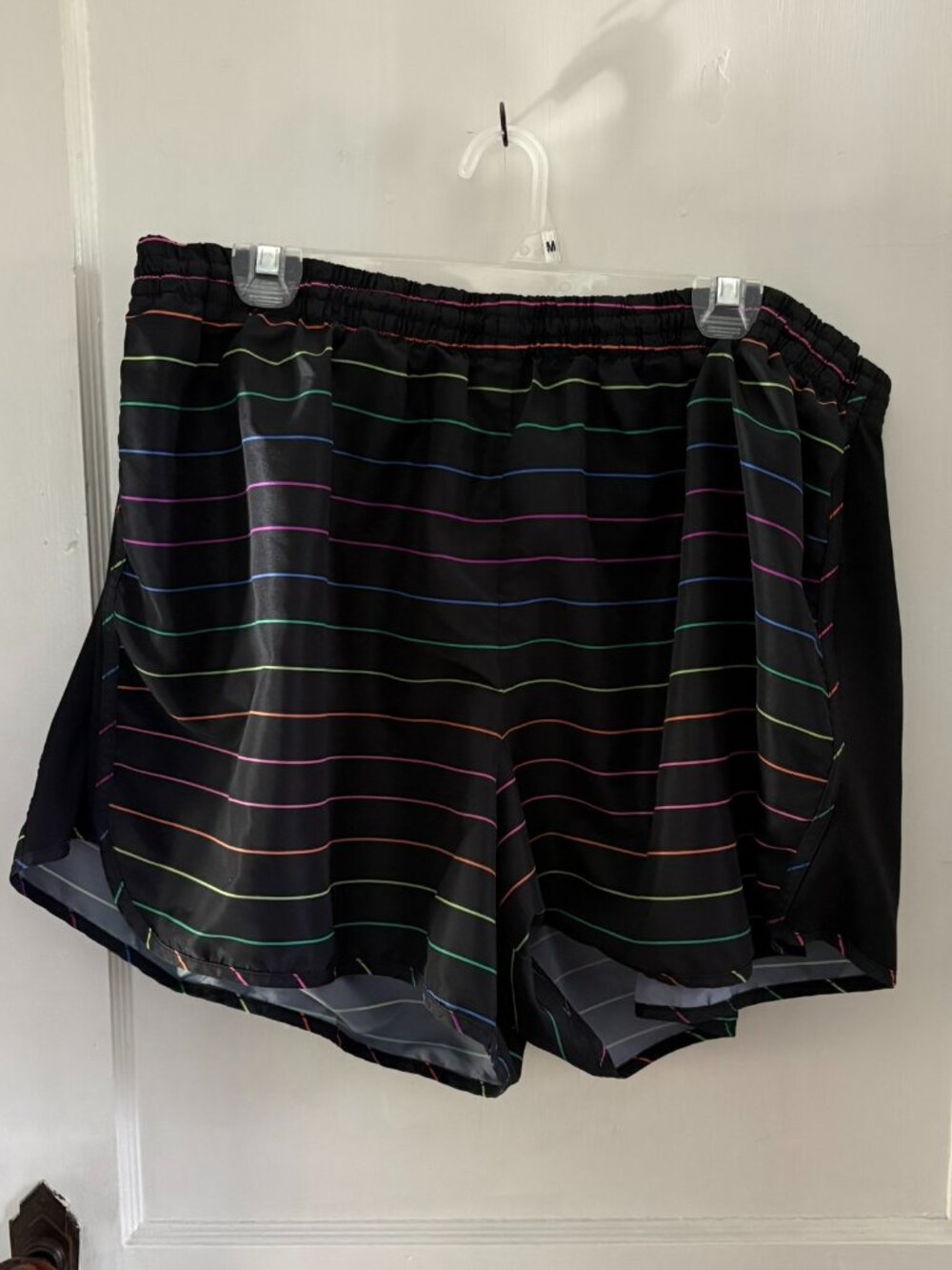 Retro Run: Black Striped Rainbow Athletic Shorts